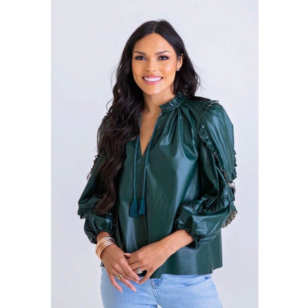 KARLIE Green Pleather Ruffle Sleeve Top Faux Leather V-neck Blouse Size Small
